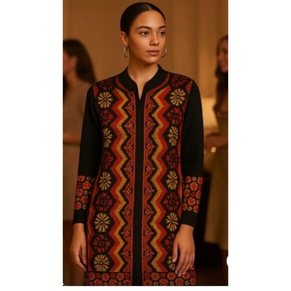 Teacher Sweaters - Teacher Long Knit Sweater Black Multicolor Floral Jacquard Pattern L Boho Artsy